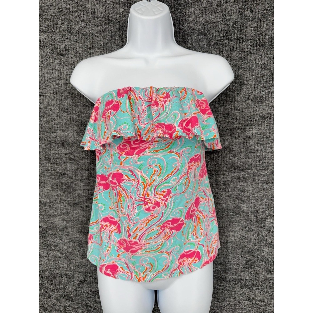 Lilly Pulitzer‎ Blouse Womens XS Blue Jellyfish Off Shoulder Ruffle Top Cotton